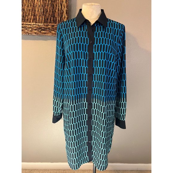 Michael Kors Shirt Dress L Large Blue Black Long Sleeve Career Church Washable - Picture 6 of 12